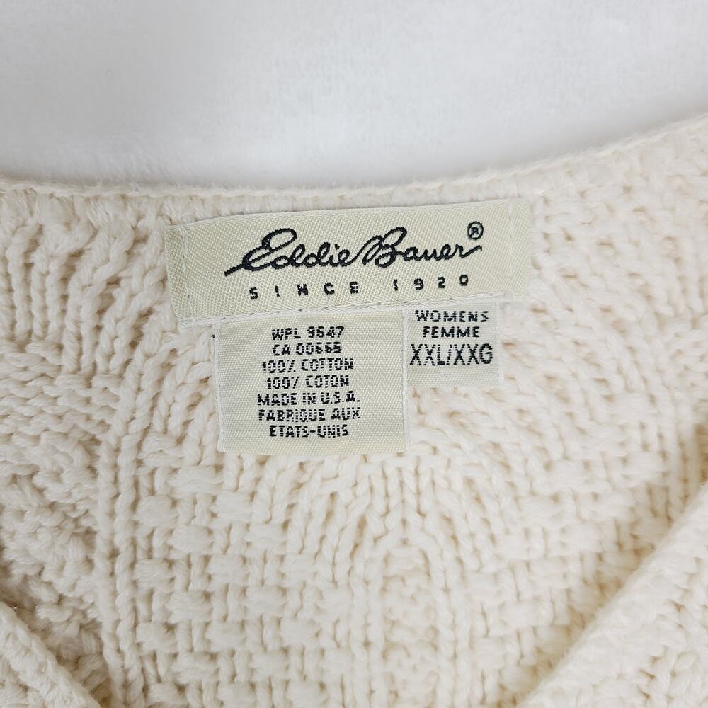 Eddie Bauer Cableknit Sweater V-Neck Cream Plus Fisherman Aran Style XXL - Picture 5 of 10